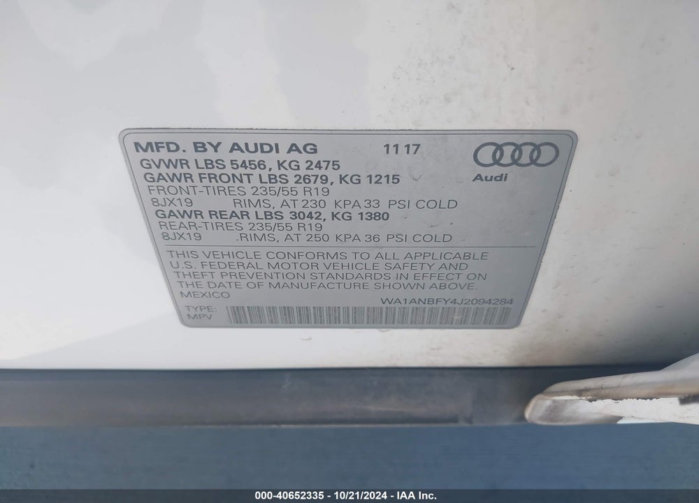 2018 AUDI Q5 2.0T PREMIUM/2.0T TECH PREMIUM VIN: WA1ANBFY4J2094284