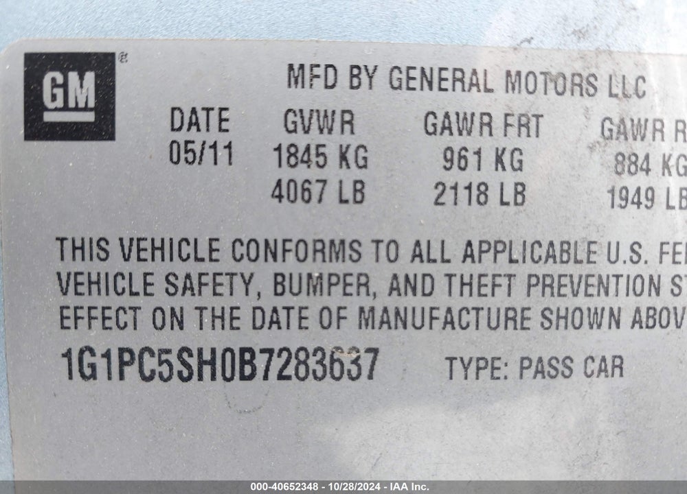 2011 CHEVROLET CRUZE LS VIN: 1G1PC5SH0B7283637