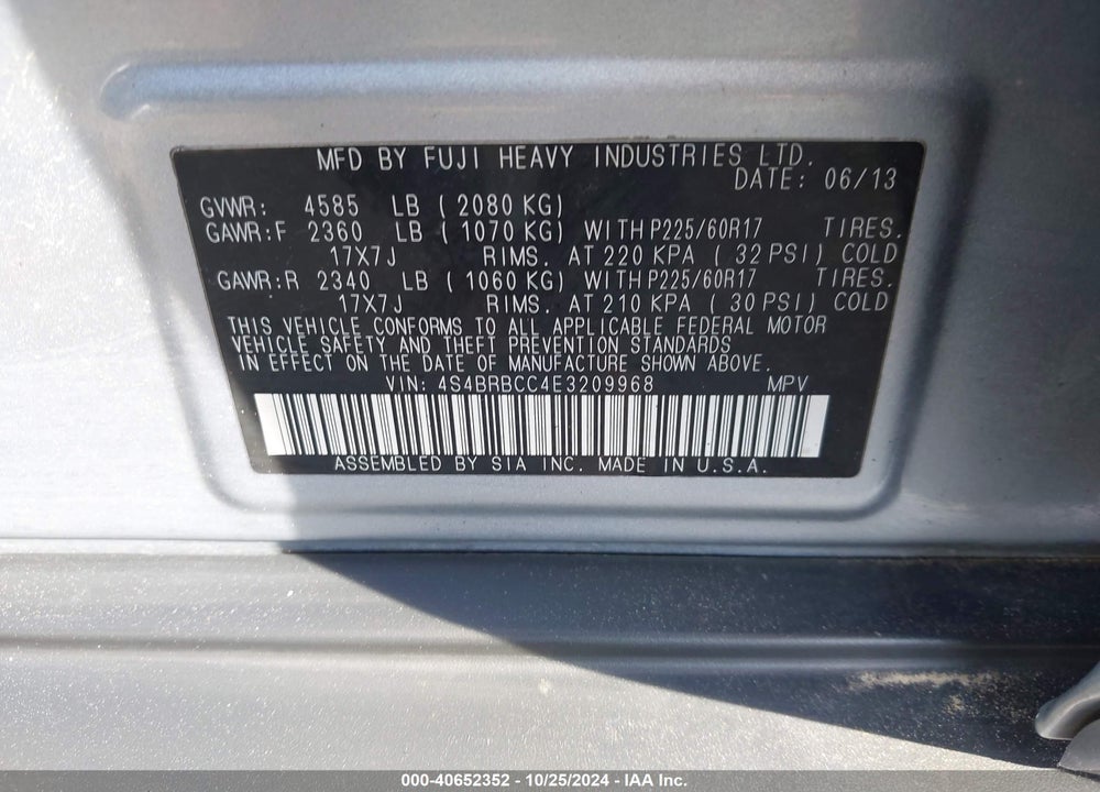 2014 SUBARU OUTBACK 2.5I PREMIUM VIN: 4S4BRBCC4E3209968