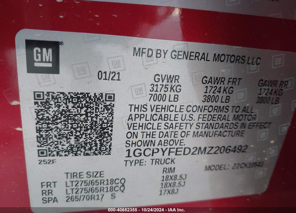 2021 CHEVROLET SILVERADO 1500 4WD SHORT BED LT TRAIL BOSS VIN: 1GCPYFED2MZ206492