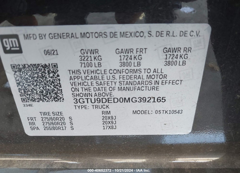 2021 GMC SIERRA 1500 VIN: 3GTU9DED0MG392165