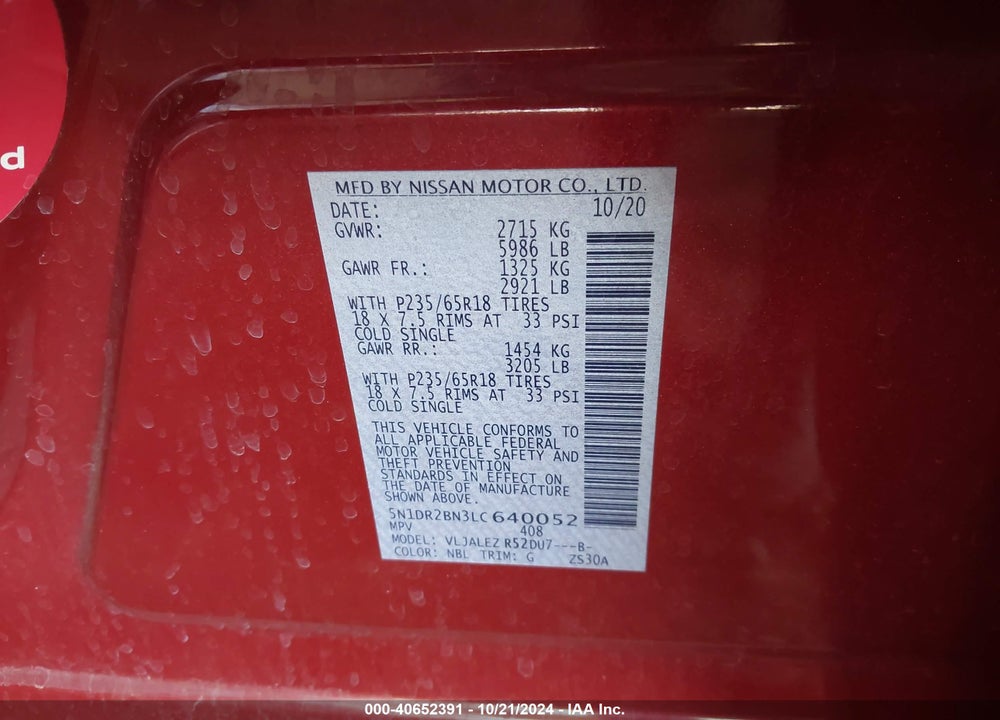 2020 NISSAN PATHFINDER SV 2WD VIN: 5N1DR2BN3LC640052