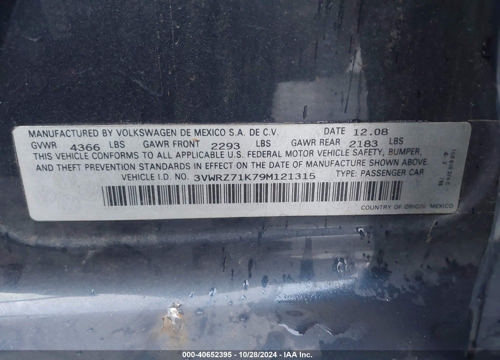 2009 VOLKSWAGEN JETTA SE VIN: 3VWRZ71K79M121315