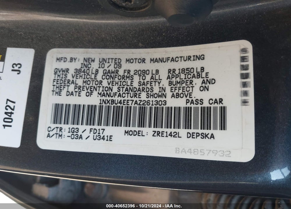 2010 TOYOTA COROLLA S VIN: 1NXBU4EE7AZ261303