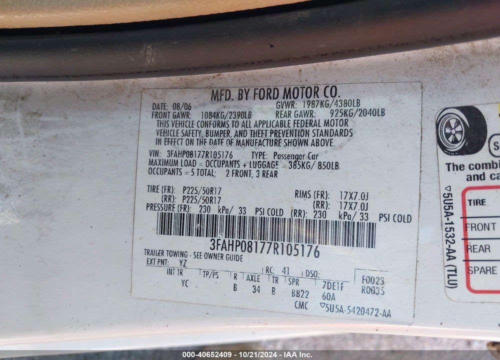 2007 FORD FUSION SEL VIN: 3FAHP08177R105176