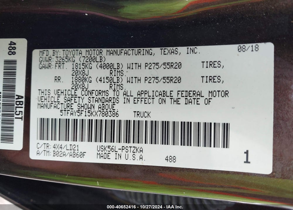 2019 TOYOTA TUNDRA 1794 5.7L V8 VIN: 5TFAY5F15KX780386