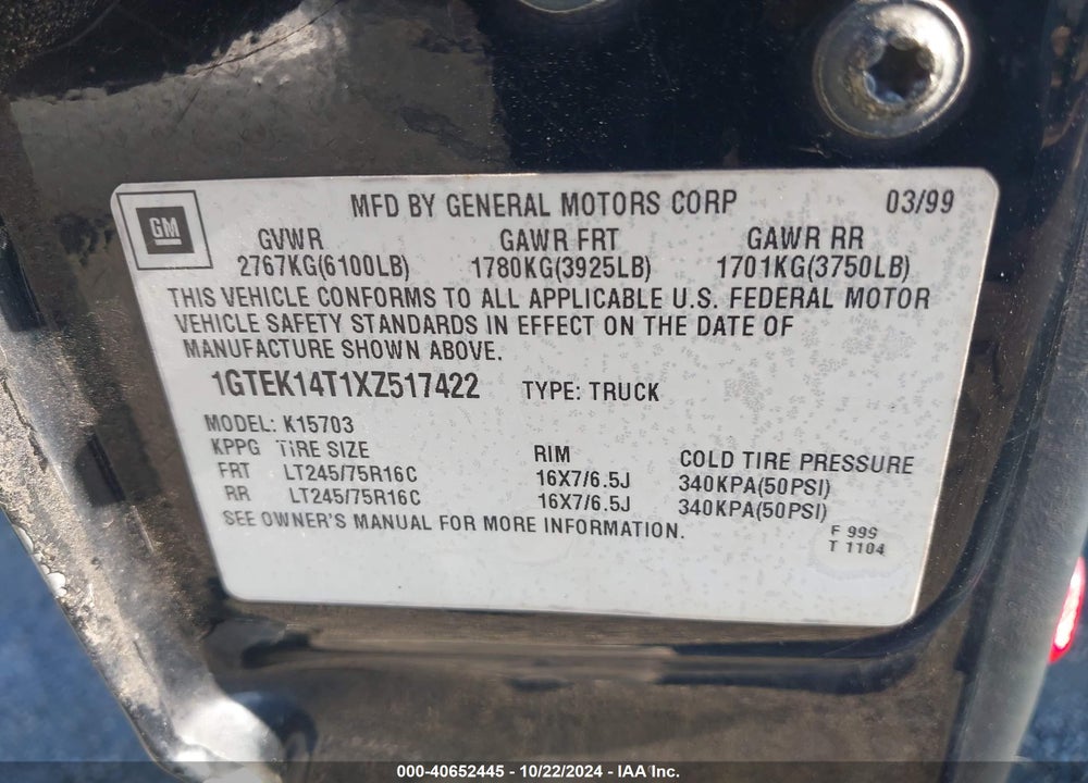 1999 GMC SIERRA 1500 SLE VIN: 1GTEK14T1XZ517422