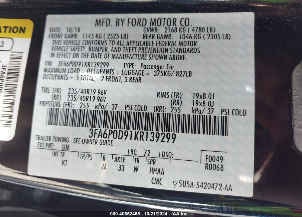 2019 FORD FUSION TITANIUM VIN: 3FA6P0D91KR139299
