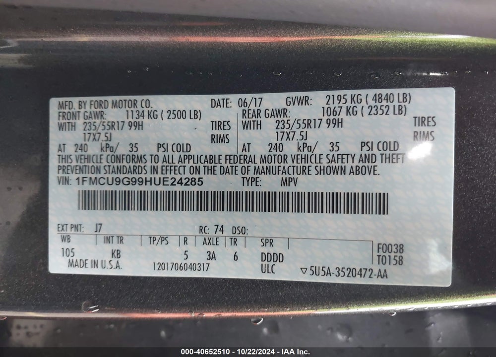 2017 FORD ESCAPE SE VIN: 1FMCU9G99HUE24285