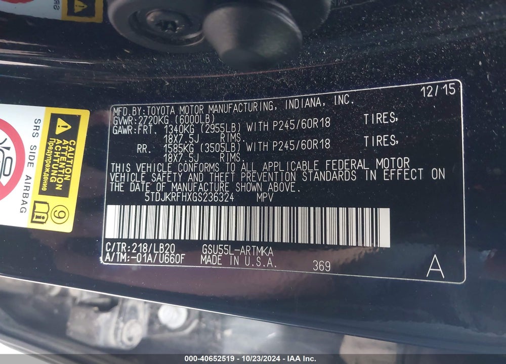 2016 TOYOTA HIGHLANDER XLE V6 VIN: 5TDJKRFHXGS236324