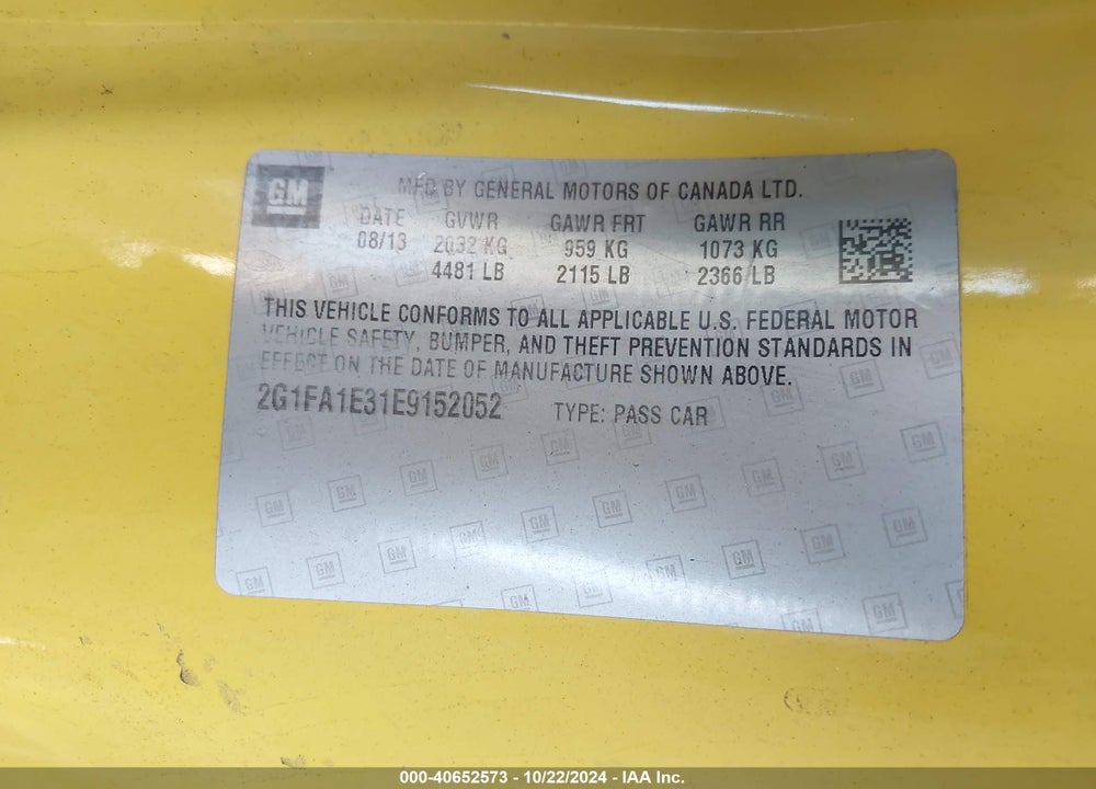 2014 CHEVROLET CAMARO 2LS VIN: 2G1FA1E31E9152052