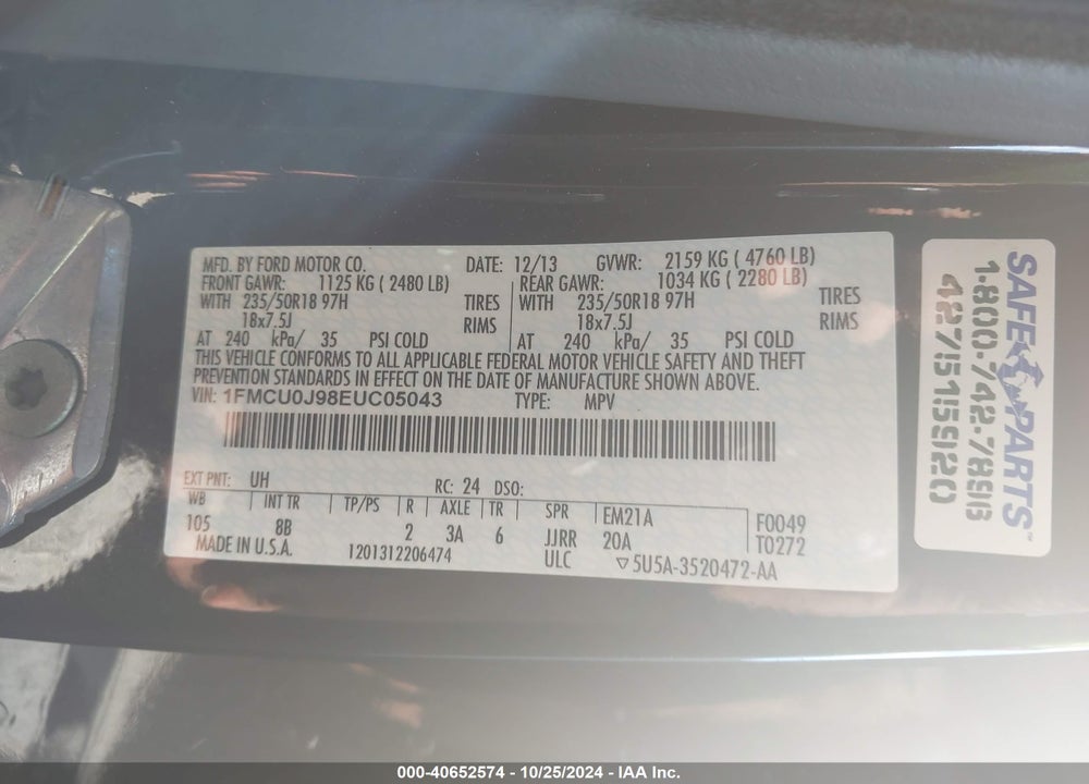 2014 FORD ESCAPE TITANIUM VIN: 1FMCU0J98EUC05043