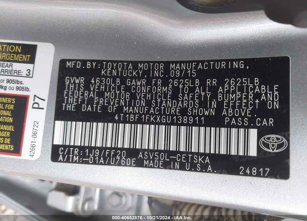 2016 TOYOTA CAMRY SE VIN: 4T1BF1FKXGU138911