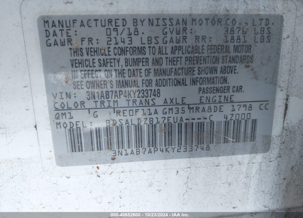 2019 NISSAN SENTRA SV VIN: 3N1AB7AP4KY233748
