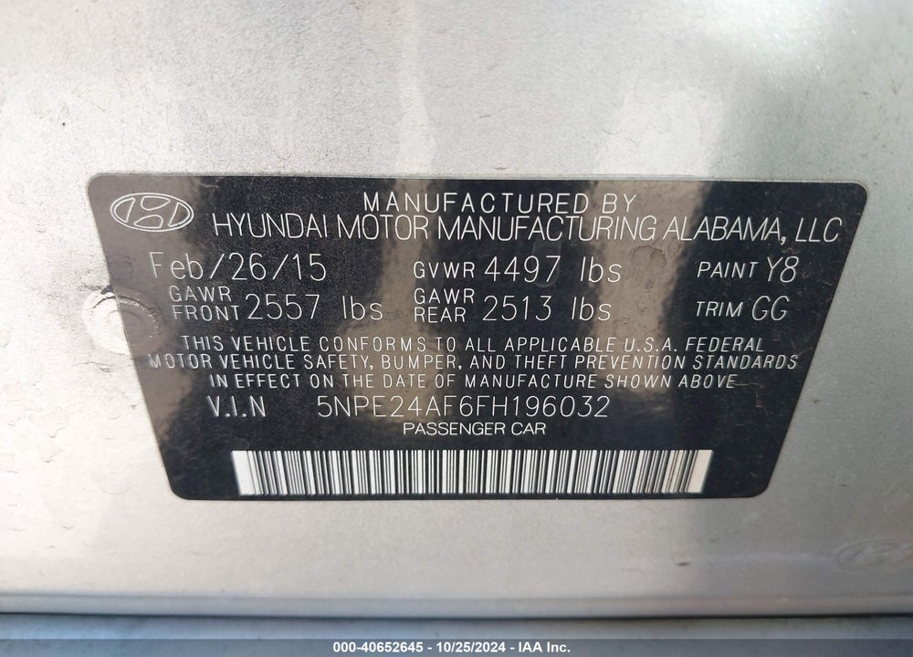 2015 HYUNDAI SONATA SE VIN: 5NPE24AF6FH196032