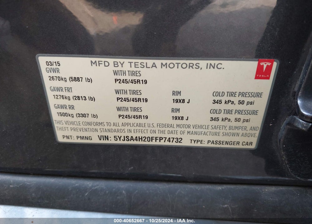 2015 TESLA MODEL S VIN: 5YJSA4H20FFP74732
