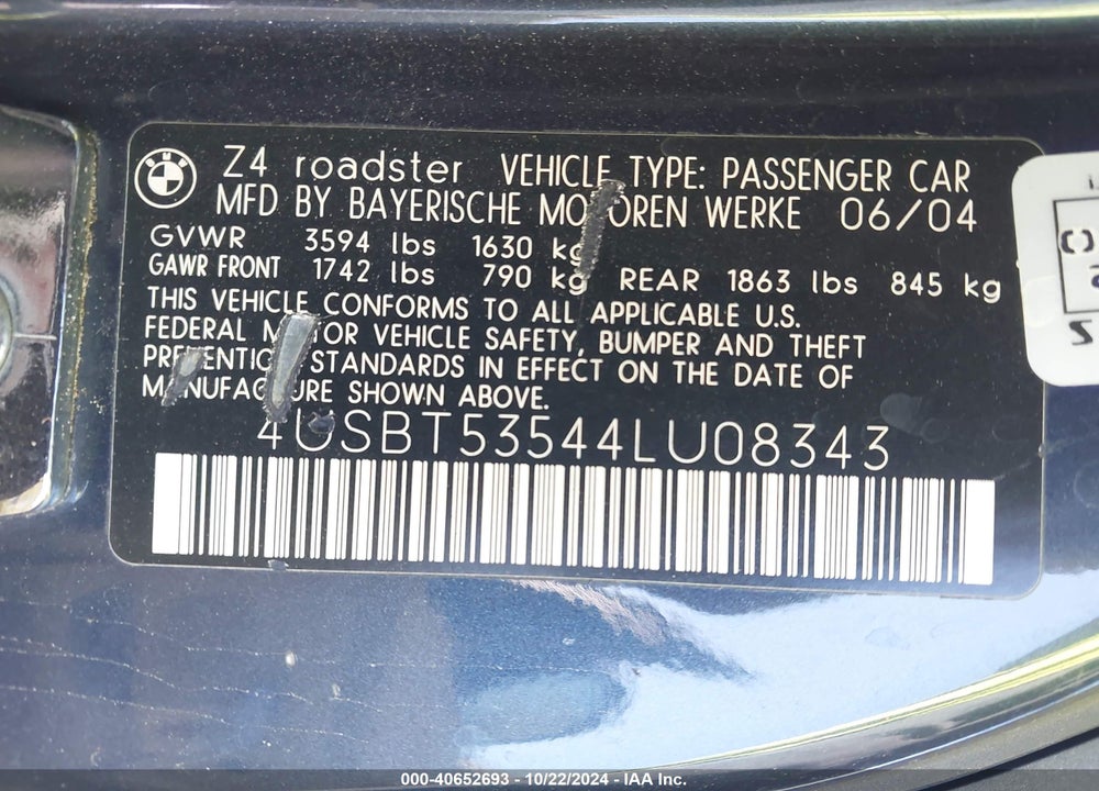 2004 BMW Z4 3.0I VIN: 4USBT53544LU08343