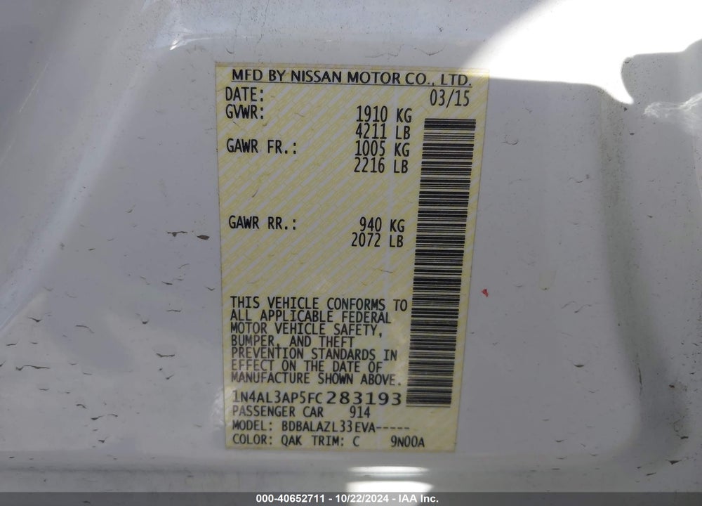 2015 NISSAN ALTIMA 2.5 VIN: 1N4AL3AP5FC283193