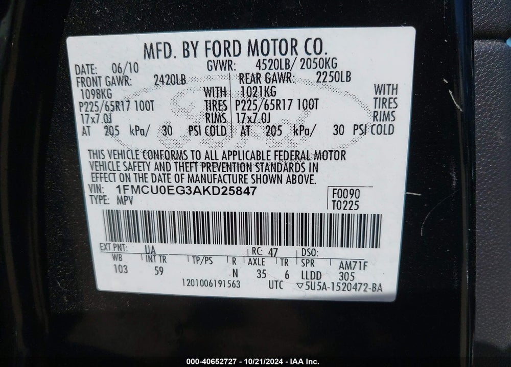 2010 FORD ESCAPE LIMITED VIN: 1FMCU0EG3AKD25847