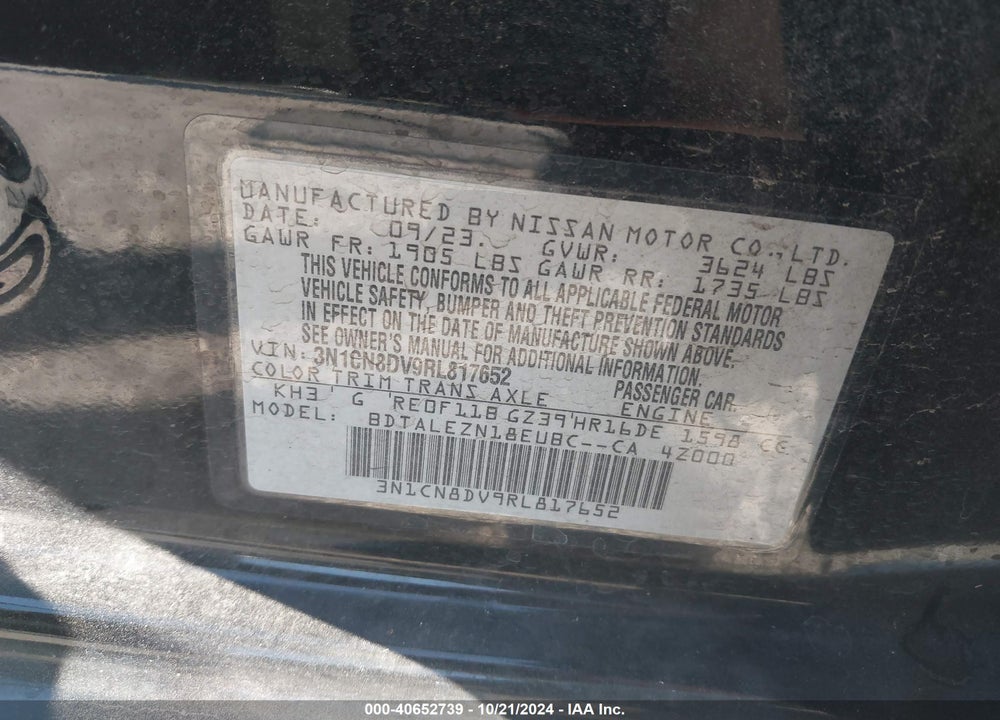 2024 NISSAN VERSA 1.6 S+ VIN: 3N1CN8DV9RL817652