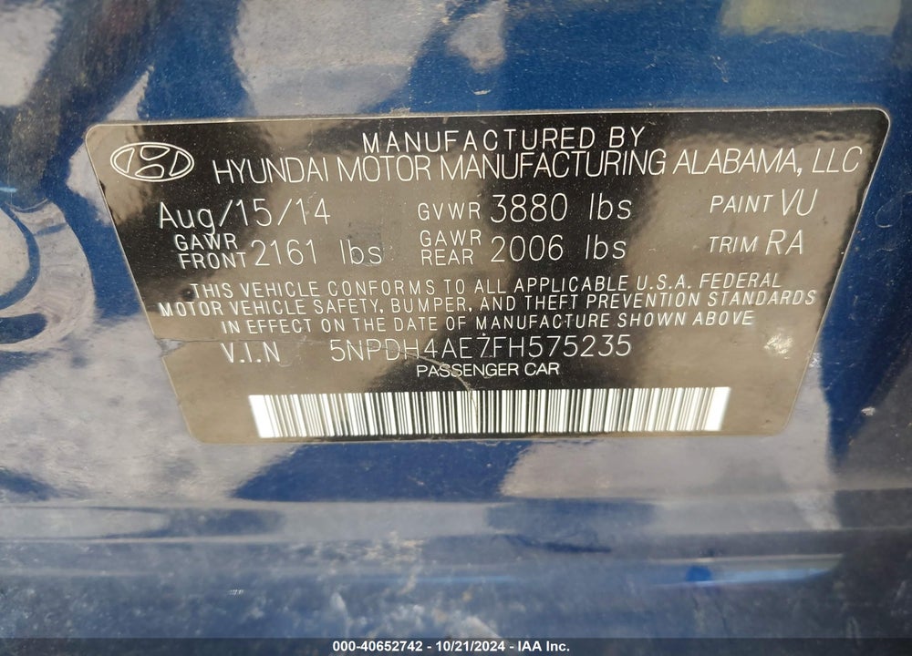 2015 HYUNDAI ELANTRA SE VIN: 5NPDH4AE7FH575235