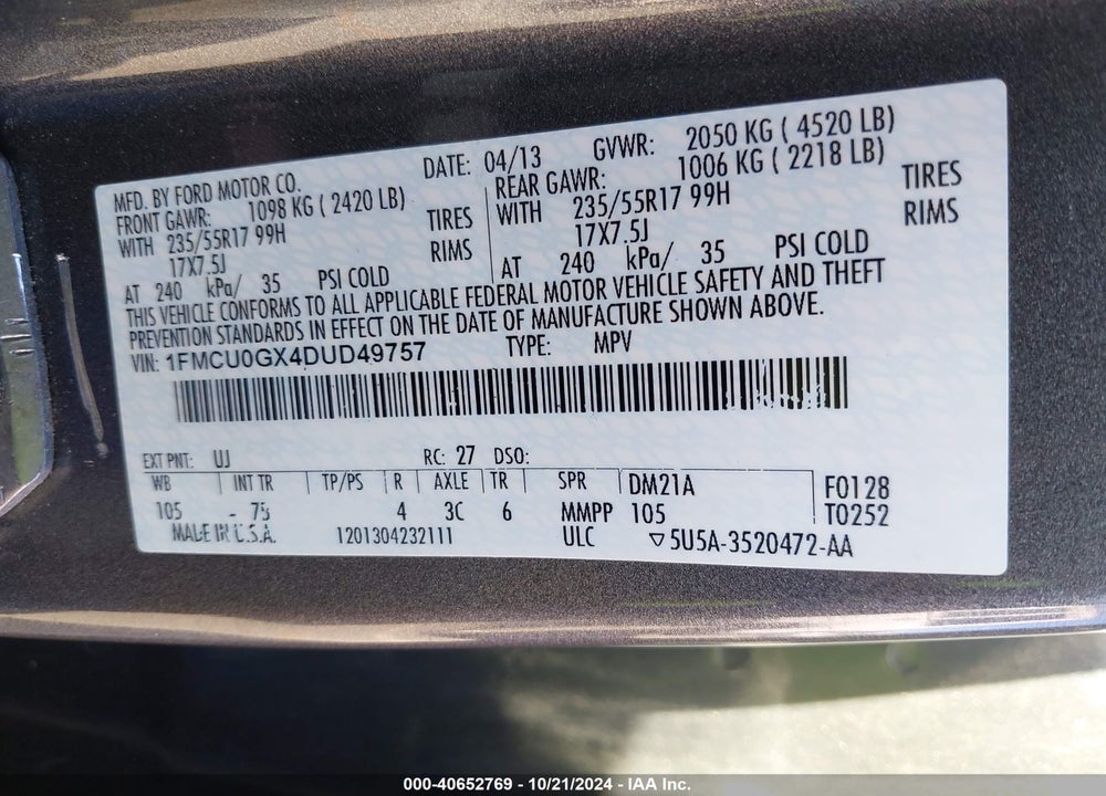 2013 FORD ESCAPE SE VIN: 1FMCU0GX4DUD49757