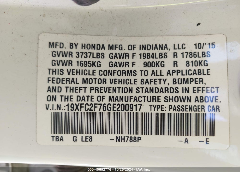 2016 HONDA CIVIC EX VIN: 19XFC2F76GE200917
