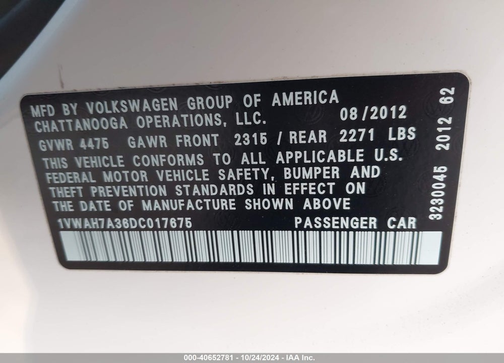 2013 VOLKSWAGEN PASSAT 2.5L S VIN: 1VWAH7A36DC017675