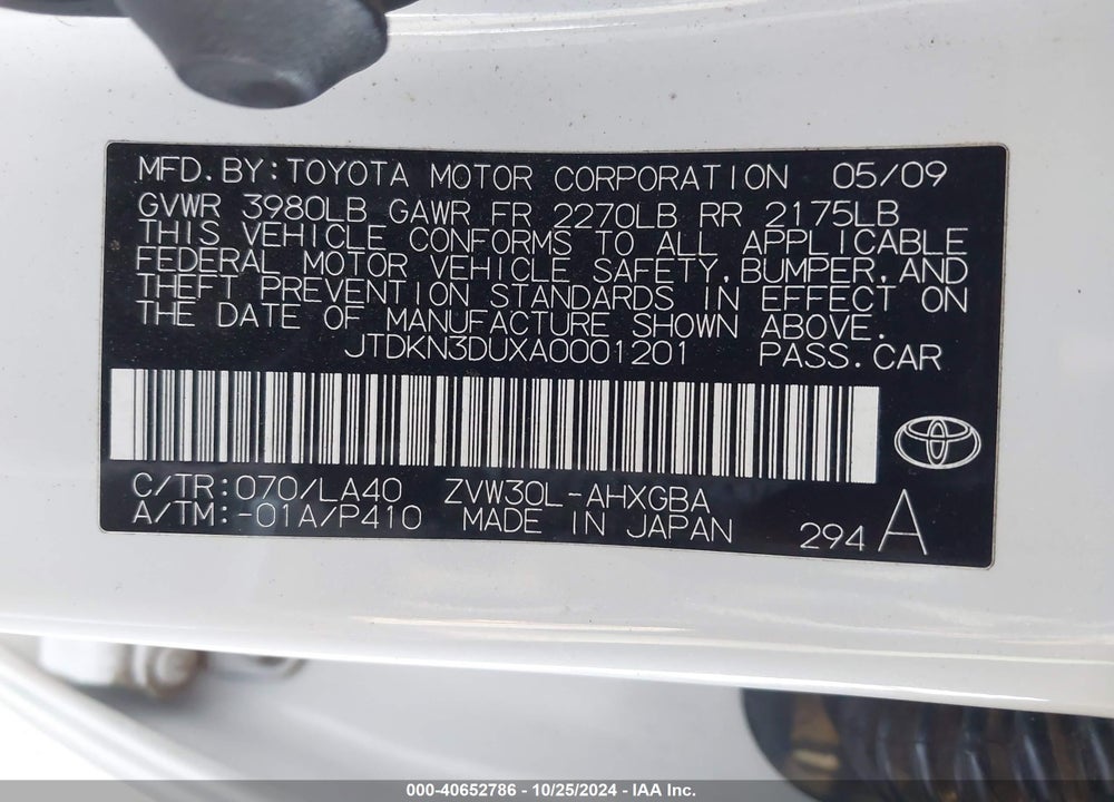 2010 TOYOTA PRIUS IV VIN: JTDKN3DUXA0001201