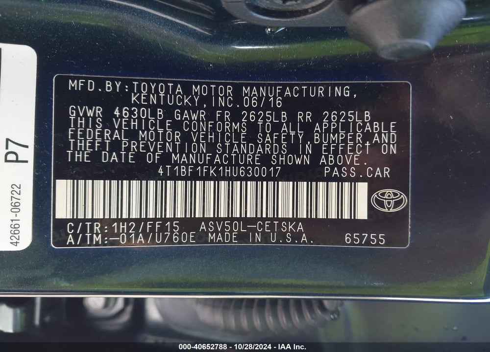 2017 TOYOTA CAMRY SE VIN: 4T1BF1FK1HU630017