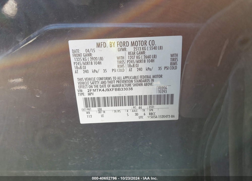 2015 FORD EDGE SEL VIN: 2FMTK4J9XFBB33038