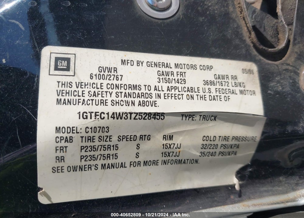 1996 GMC SIERRA C1500 VIN: 1GTEC14W3TZ528455