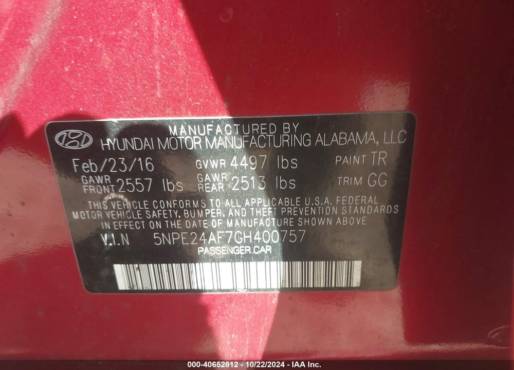 2016 HYUNDAI SONATA VIN: 5NPE24AF7GH400757