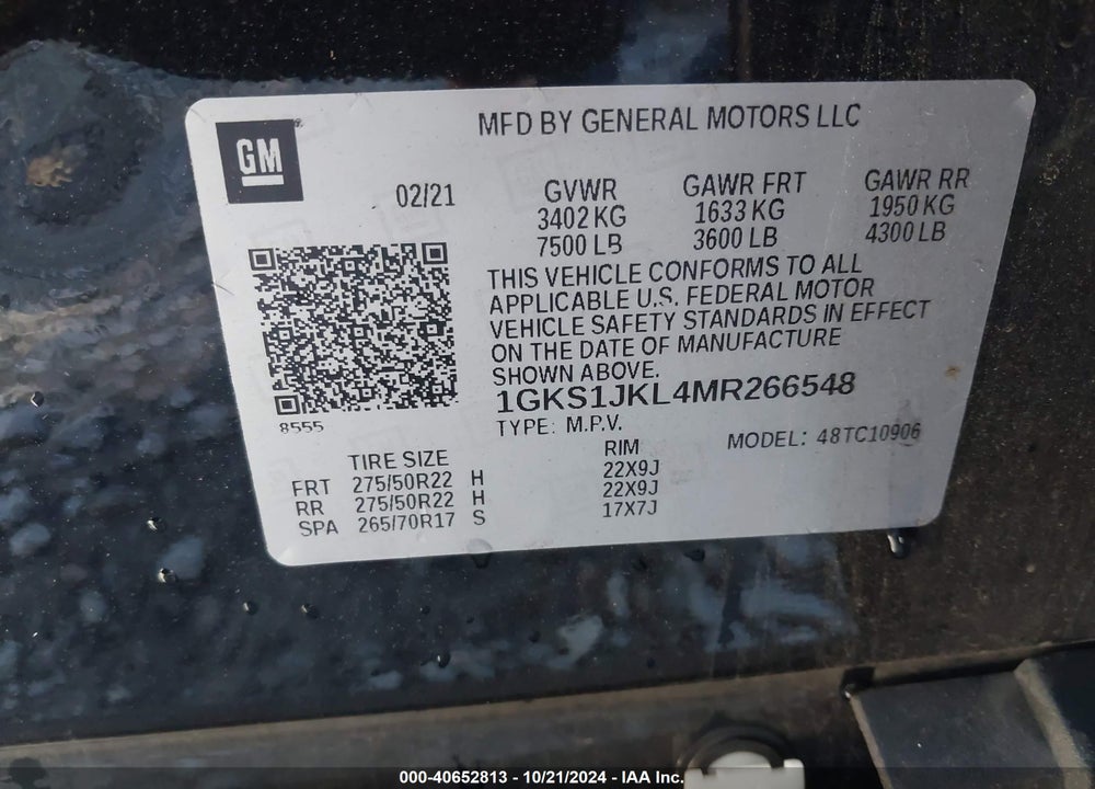 2021 GMC YUKON XL 2WD DENALI VIN: 1GKS1JKL4MR266548
