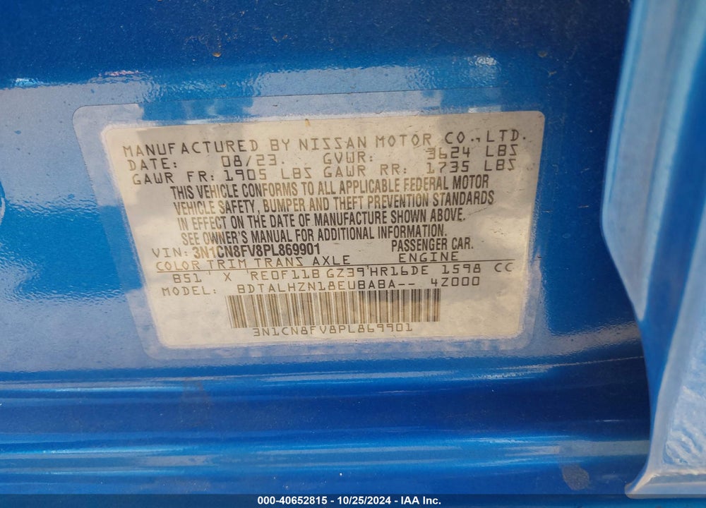 2023 NISSAN VERSA VIN: 3N1CN8FV8PL869901