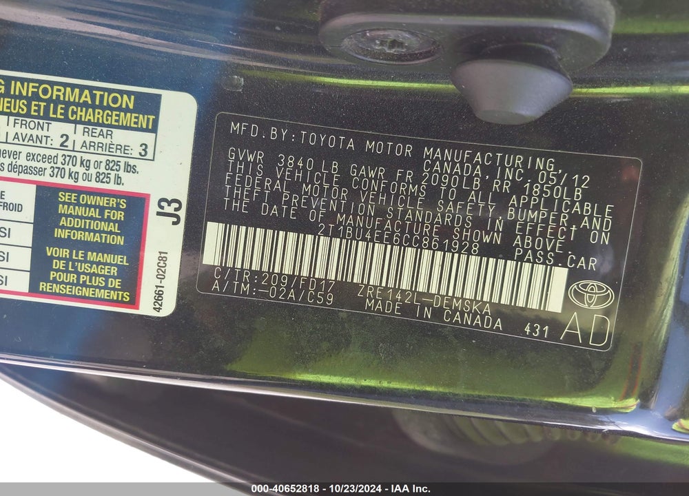 2012 TOYOTA COROLLA S VIN: 2T1BU4EE6CC861928
