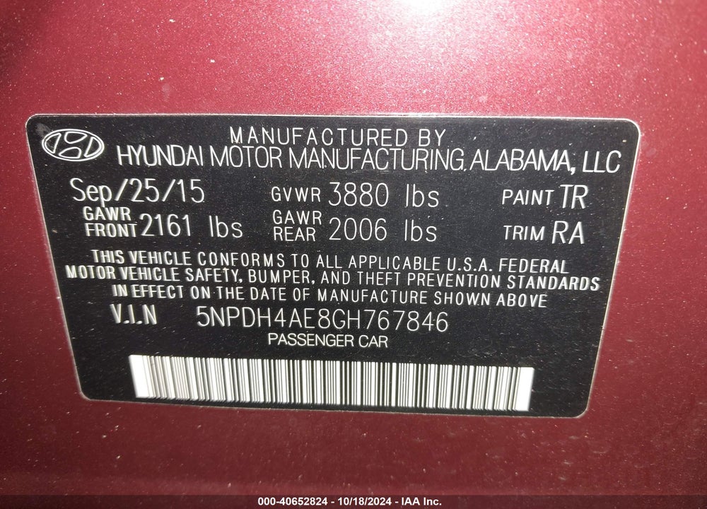 2016 HYUNDAI ELANTRA SE VIN: 5NPDH4AE8GH767846