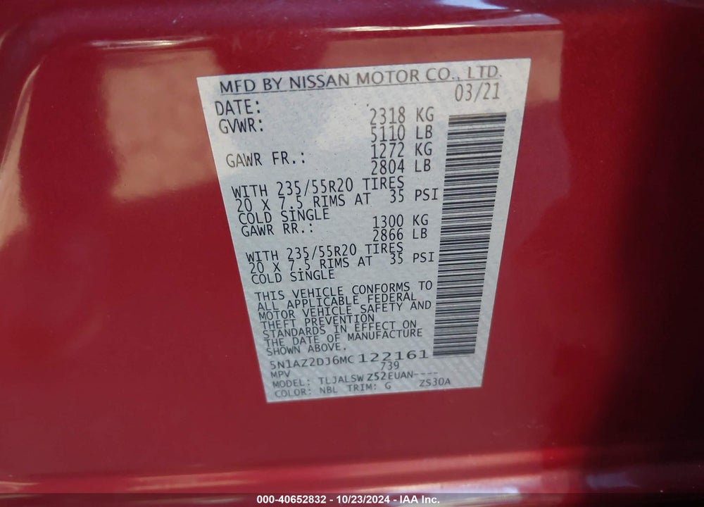 2021 NISSAN MURANO PLATINUM FWD VIN: 5N1AZ2DJ6MC122161