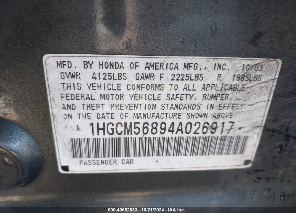2004 HONDA ACCORD 2.4 EX VIN: 1HGCM56894A026917