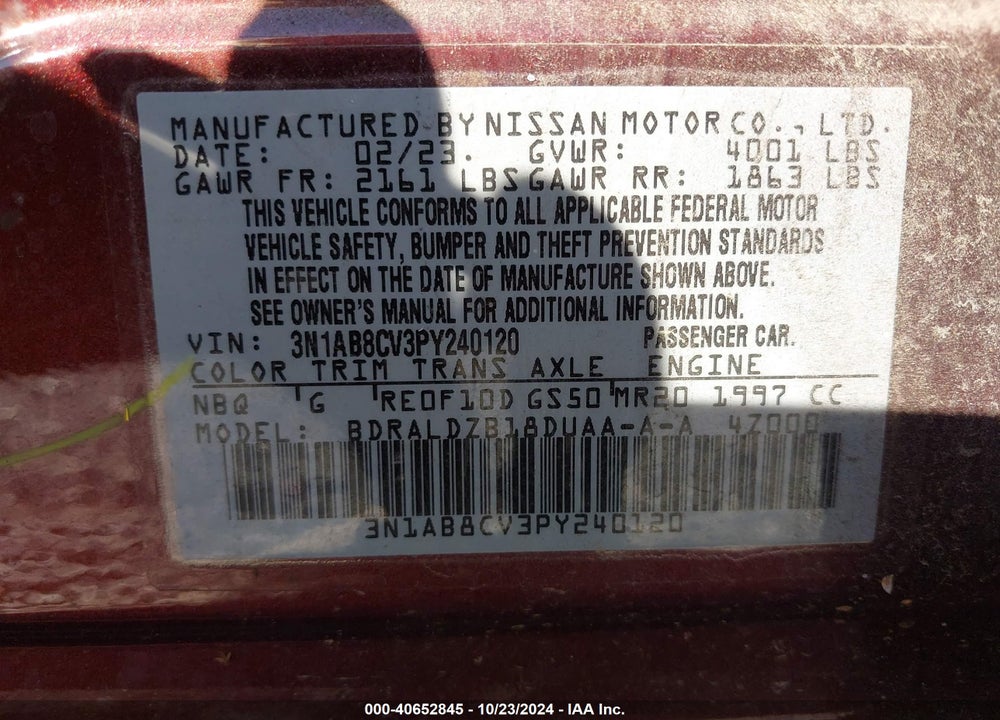 2023 NISSAN SENTRA SV XTRONIC CVT VIN: 3N1AB8CV3PY240120