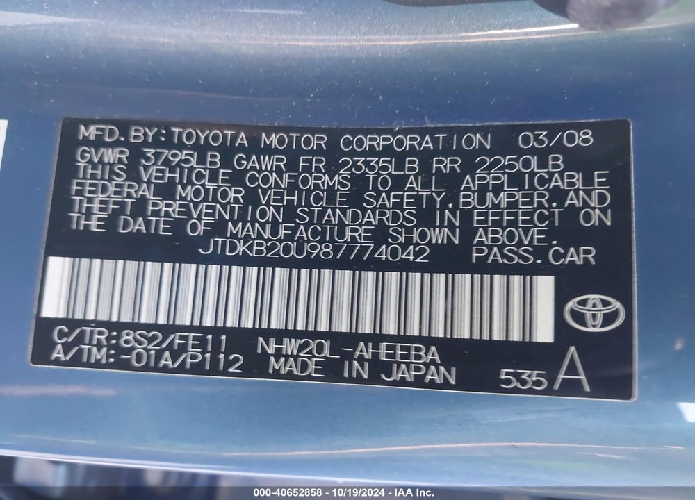 2008 TOYOTA PRIUS VIN: JTDKB20U987774042