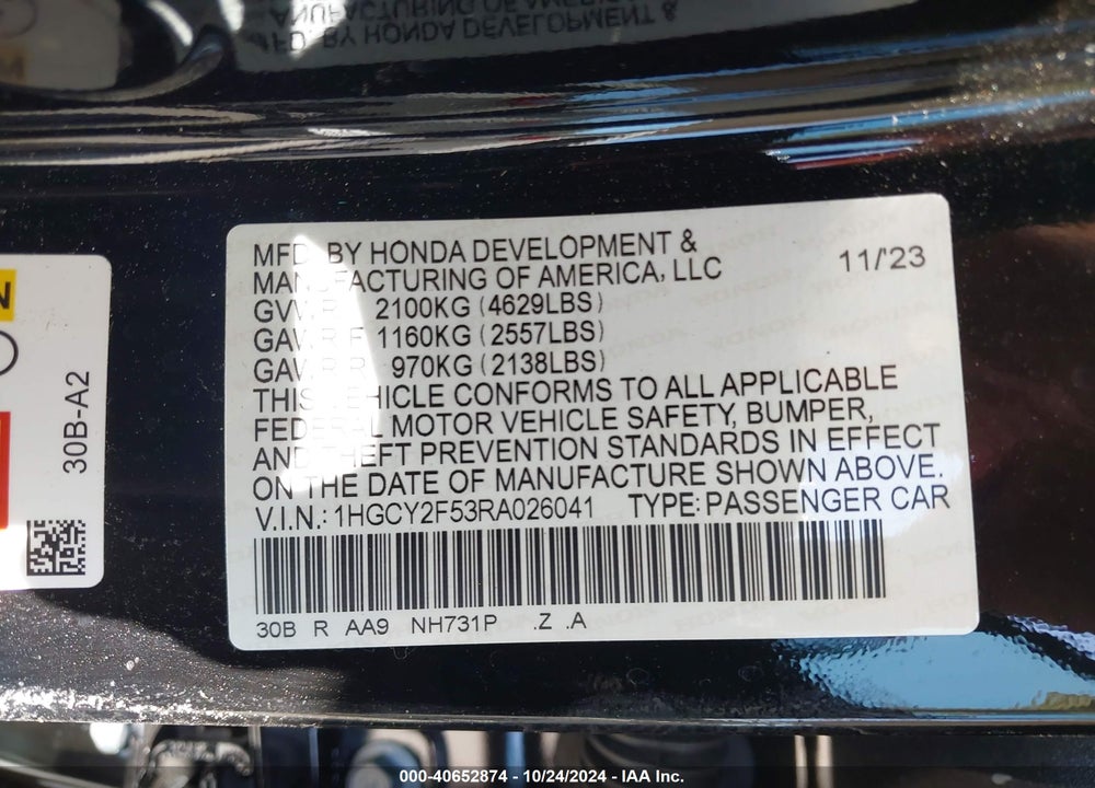 2024 HONDA ACCORD HYBRID SPORT VIN: 1HGCY2F53RA026041