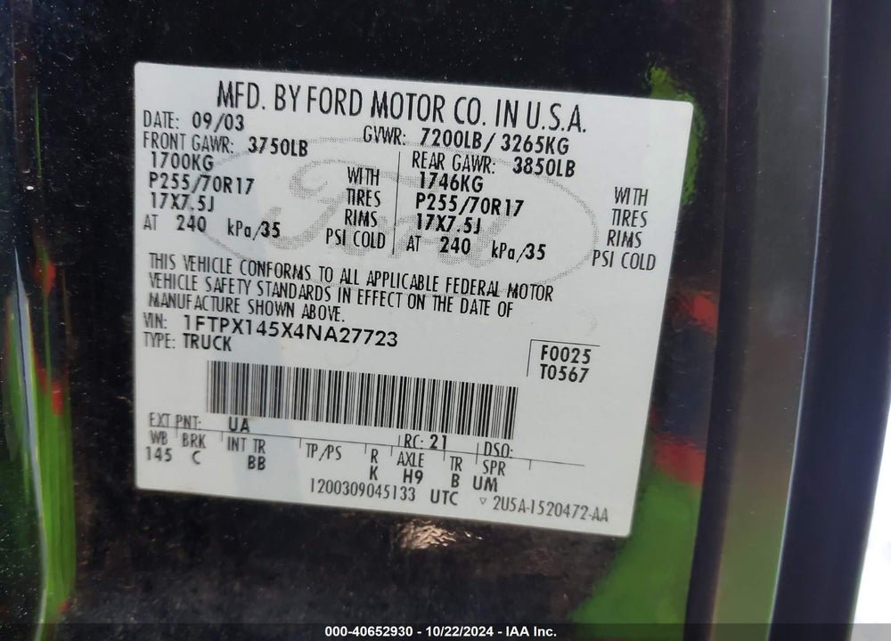 2004 FORD F-150 FX4/LARIAT/XL/XLT VIN: 1FTPX145X4NA27723
