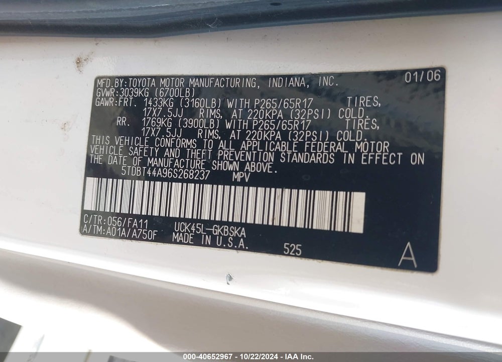 2006 TOYOTA SEQUOIA SR5 V8 VIN: 5TDBT44A96S268237