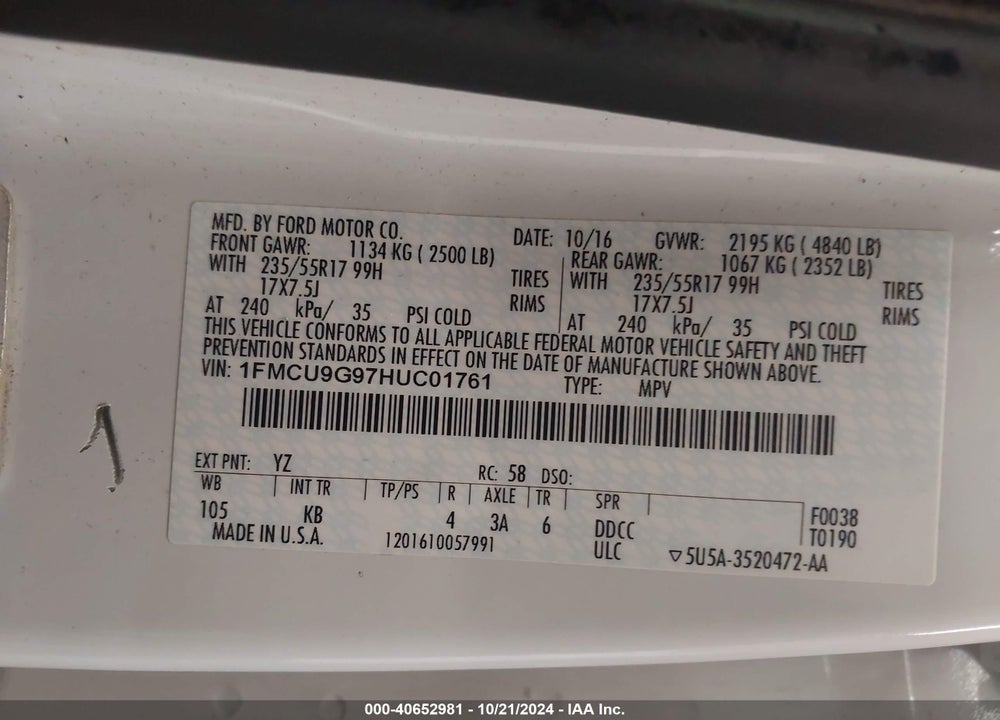2017 FORD ESCAPE SE VIN: 1FMCU9G97HUC01761