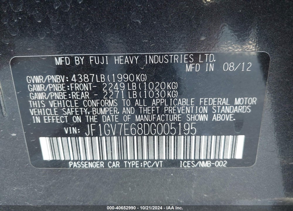 2013 SUBARU IMPREZA WRX VIN: JF1GV7E68DG005195