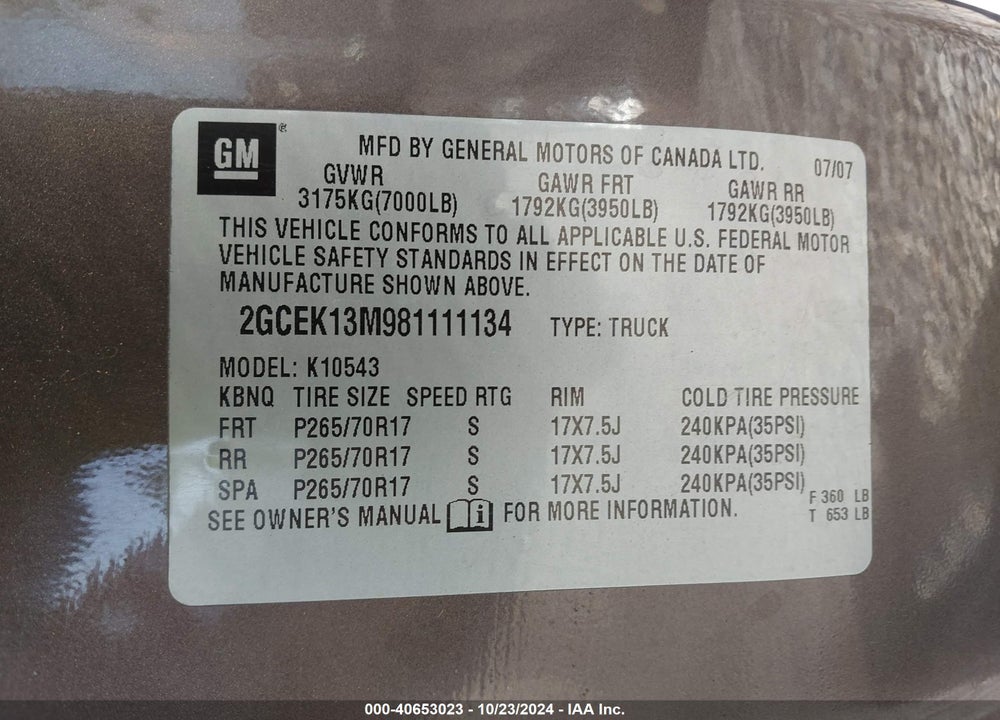 2008 CHEVROLET SILVERADO 1500 LT1 VIN: 2GCEK13M981111134