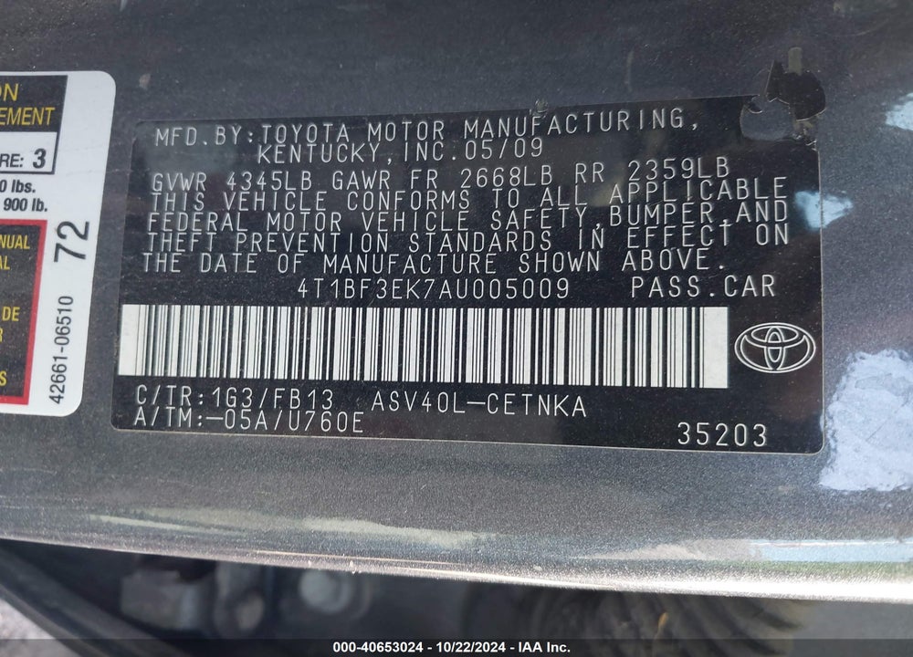2010 TOYOTA CAMRY LE VIN: 4T1BF3EK7AU005009
