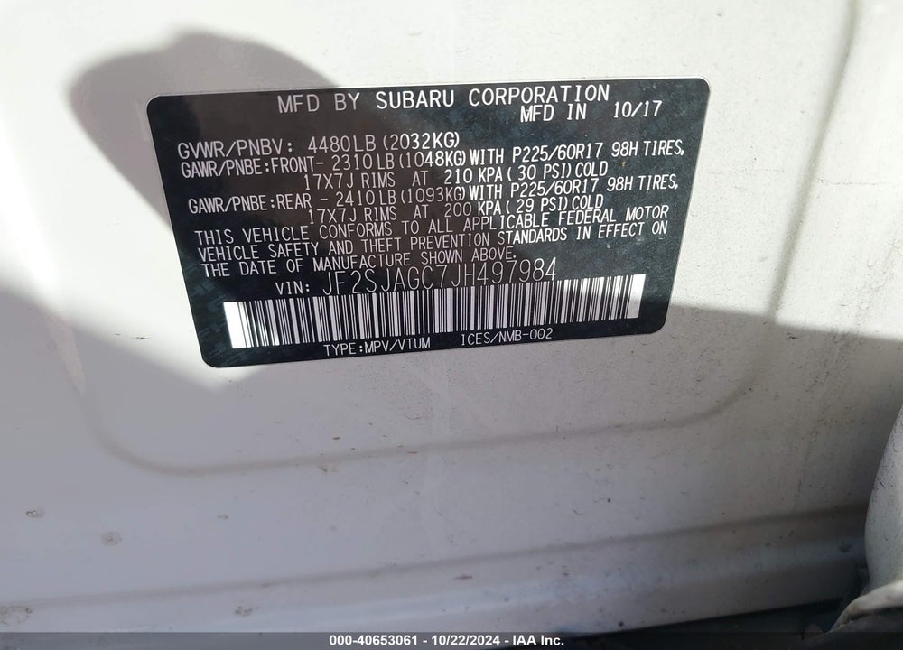 2018 SUBARU FORESTER 2.5I PREMIUM VIN: JF2SJAGC7JH497984