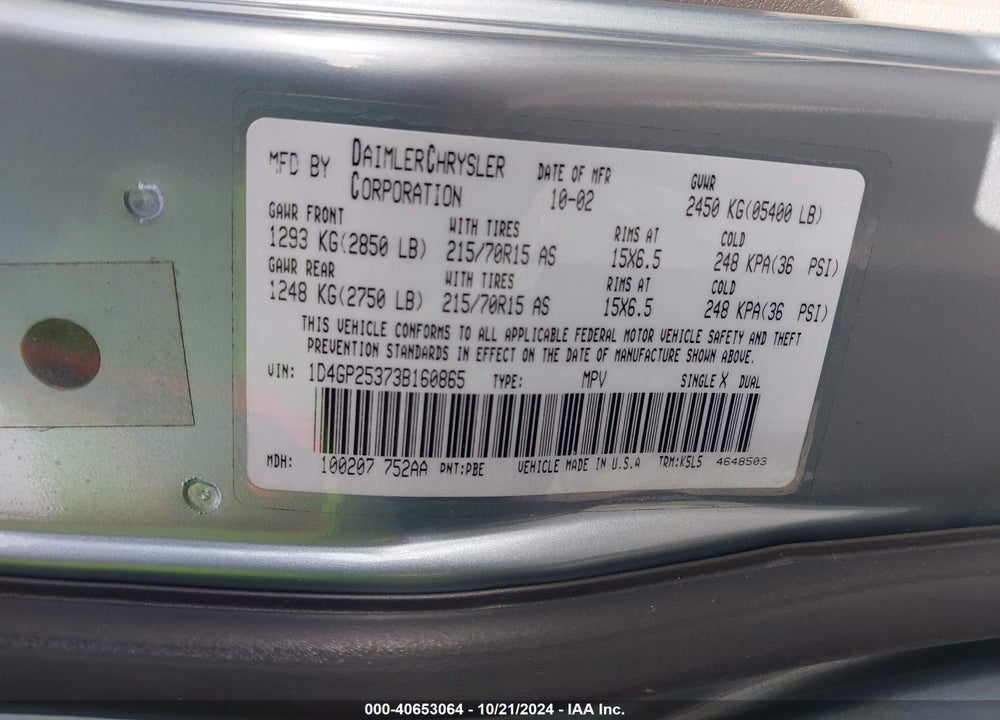 2003 DODGE CARAVAN SE VIN: 1D4GP25373B160865